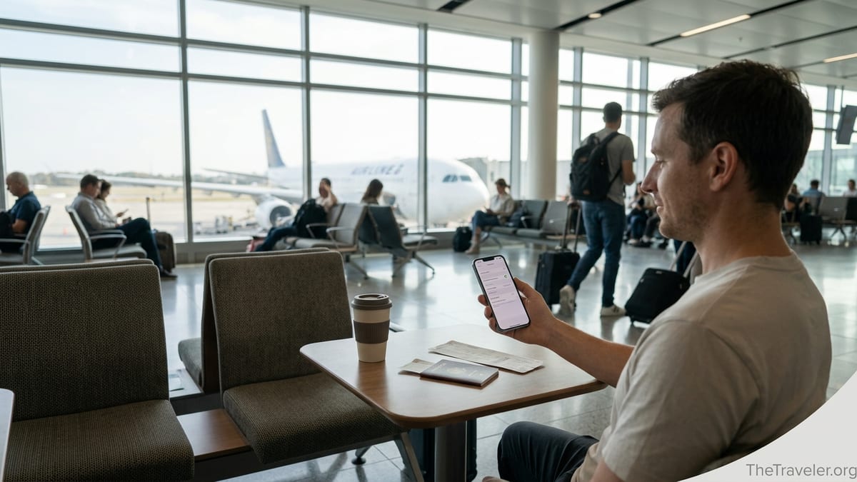 Traveler in an airport lounge checking an eSIM on their phone before an international flight.