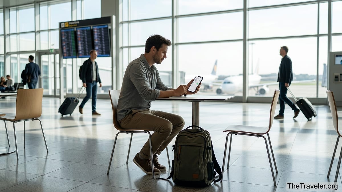 Traveler in an airport checking eSIM data settings on a smartphone before flying.