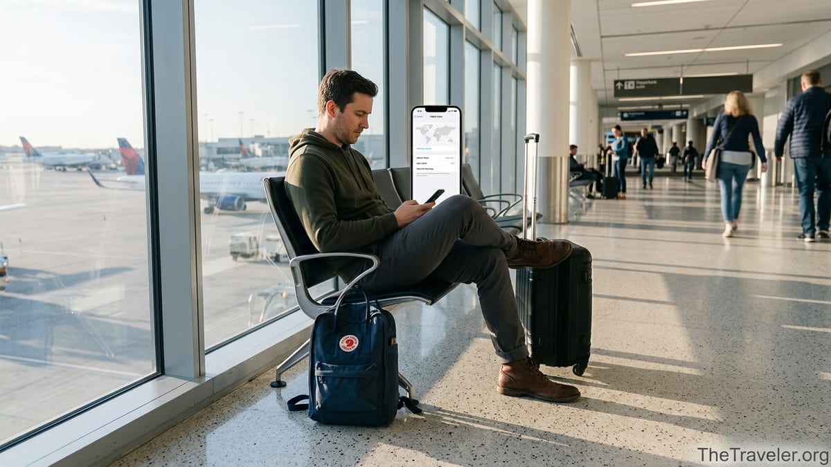 Traveler in airport lounge checking eSIM settings on smartphone with planes outside.