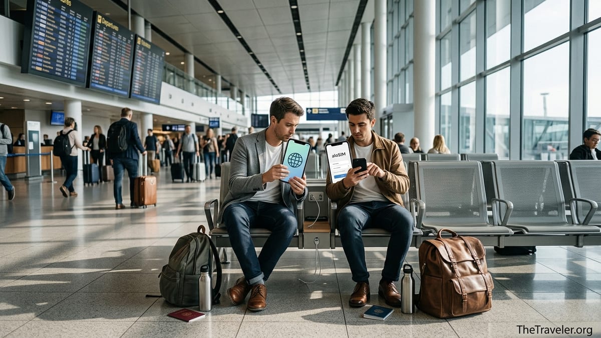 Two travelers in an airport comparing eSIM apps on their phones before an international trip.