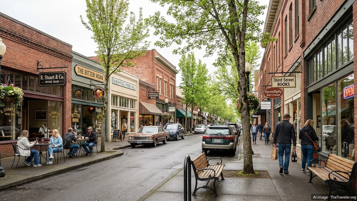 Tree-lined Third Street in downtown McMinnville with shops, wine bars, and people strolling on an overcast day.
