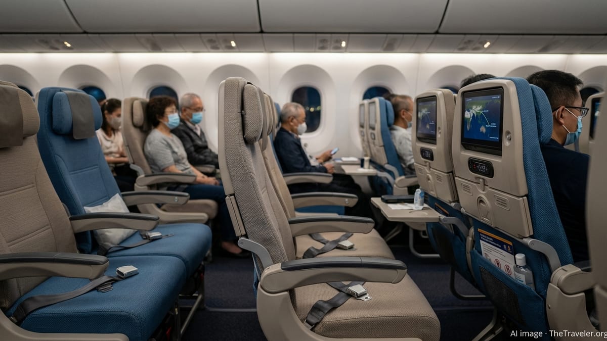 Singapore Airlines economy cabin at night with seated passengers during a health alert.