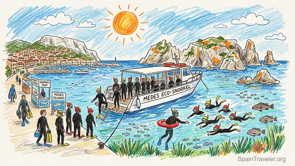 Snorkelers on a boat approaching the rocky Medes Islands off L’Estartit on a calm sunny afternoon.
