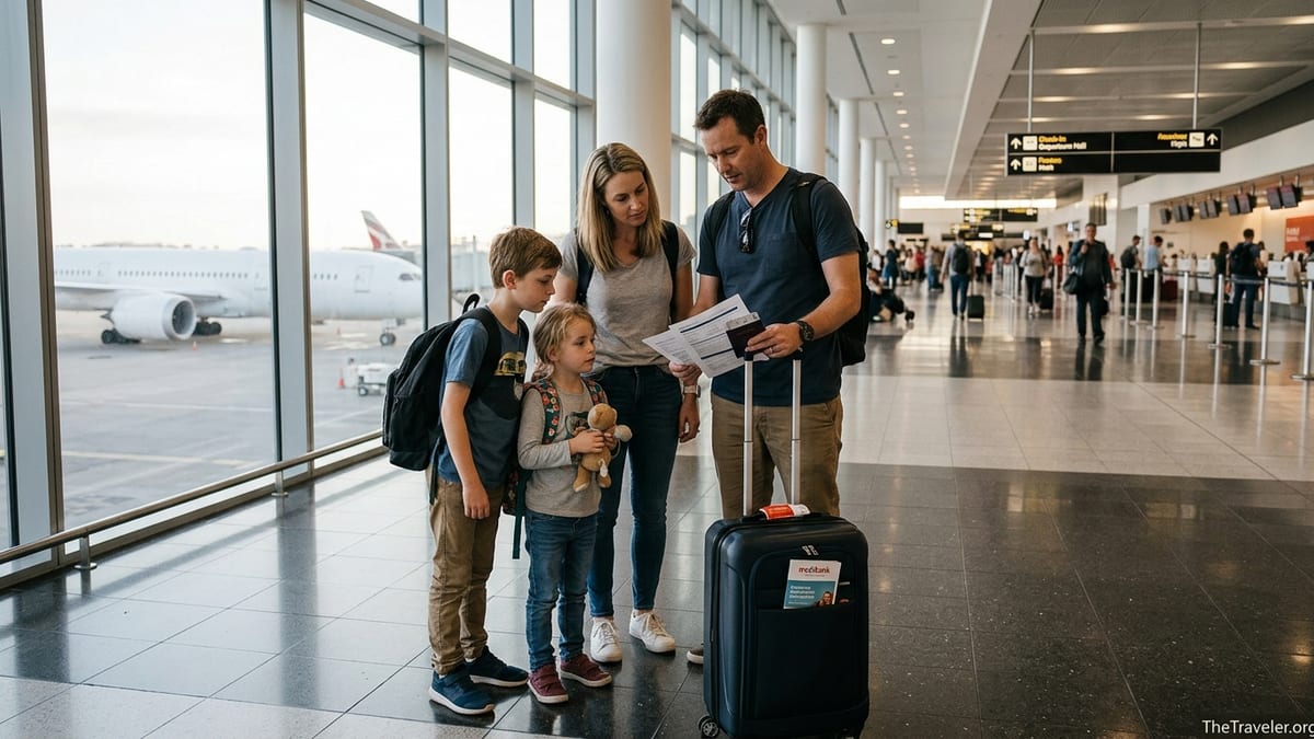 Family reviewing travel insurance documents in an international airport terminal.