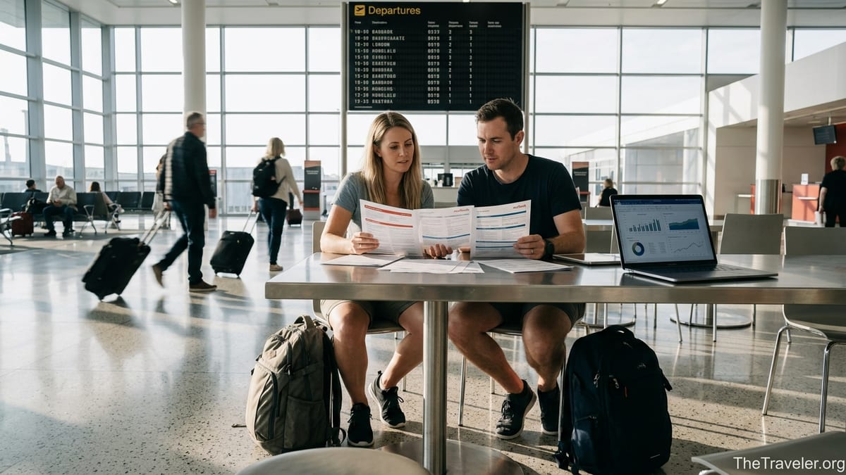 Australian travellers at an airport table comparing travel insurance documents before an overseas flight.