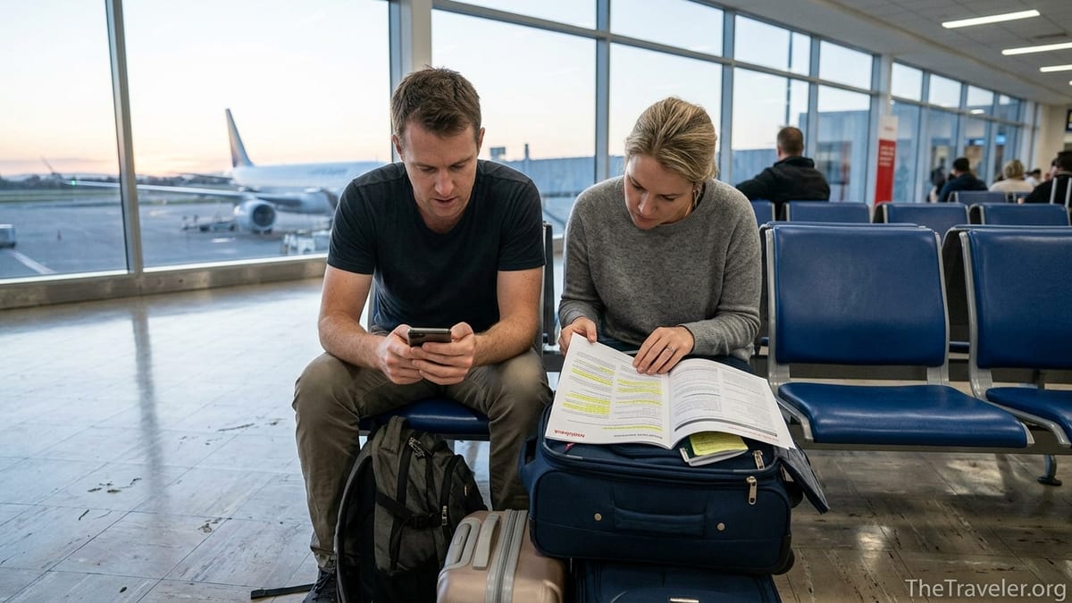 Travellers at an airport reading the fine print of a travel insurance policy.