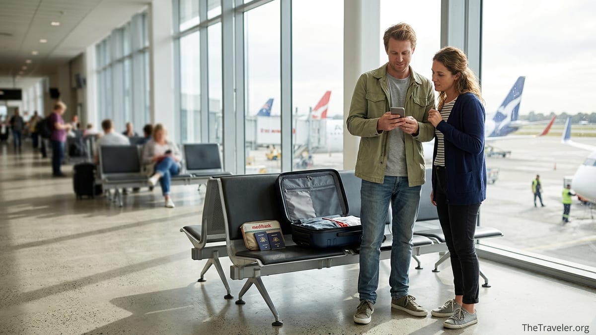 Couple at an airport gate reviewing travel insurance details on a phone beside their luggage.