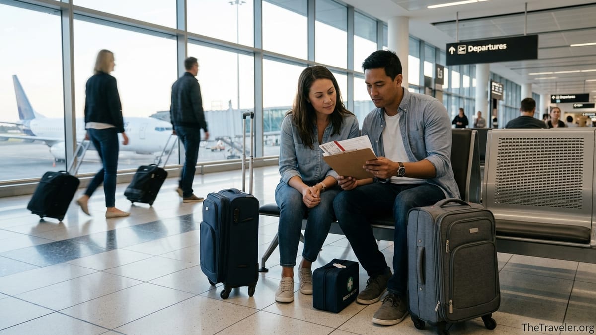 Couple at an Australian airport reviewing travel insurance documents with luggage nearby.