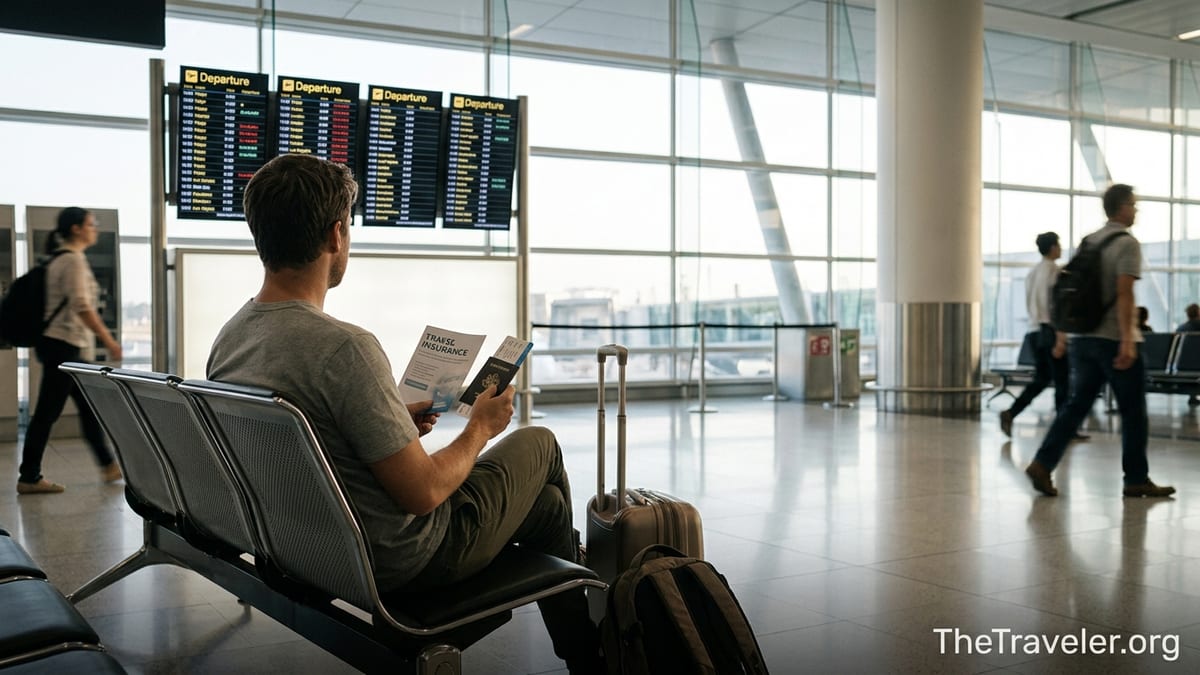 Traveller in Sydney airport comparing travel insurance before an international flight
