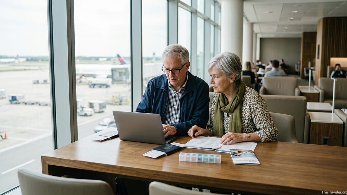 Older couple in an airport lounge reviewing travel medical insurance documents on a laptop.