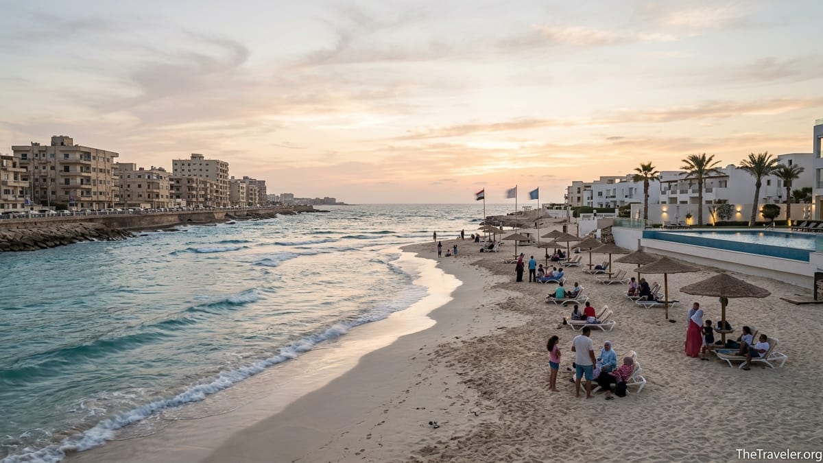 Sunset over Egypt’s Mediterranean coast with beachgoers, city blocks and modern resorts along a curving shoreline.