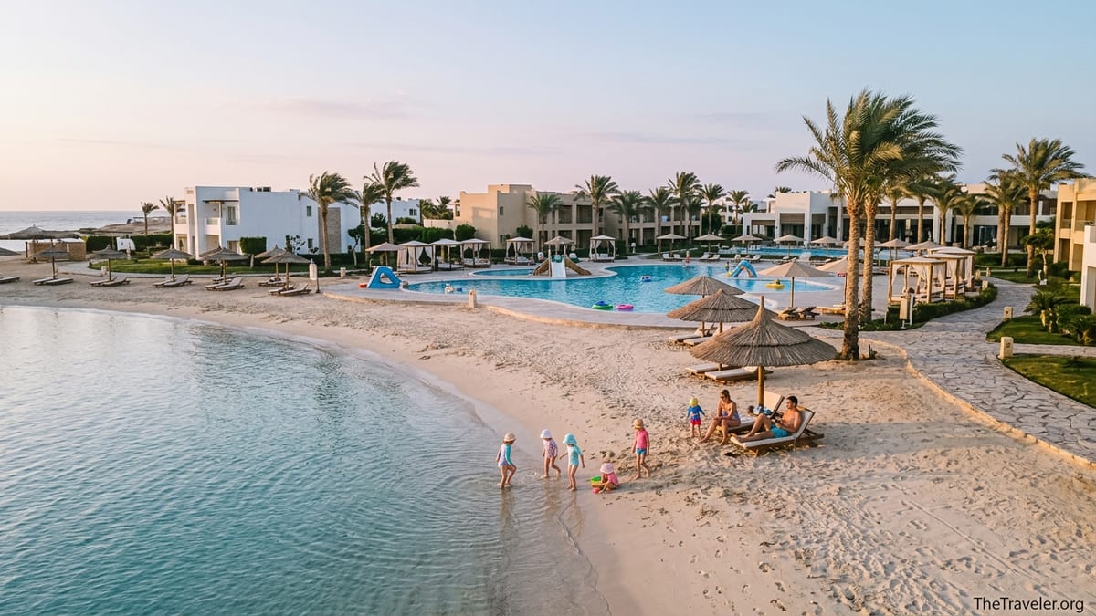 Family-friendly Mediterranean beach resort in Egypt with shallow sea and kids’ pool at sunrise.