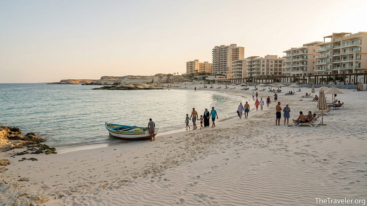 Golden hour view of Egypt’s Mediterranean beach with turquoise water and modern resorts in the distance.