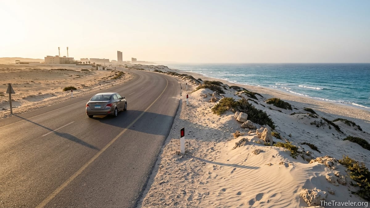 Car driving along Egypt’s Mediterranean coastal highway with sea and dunes at sunrise