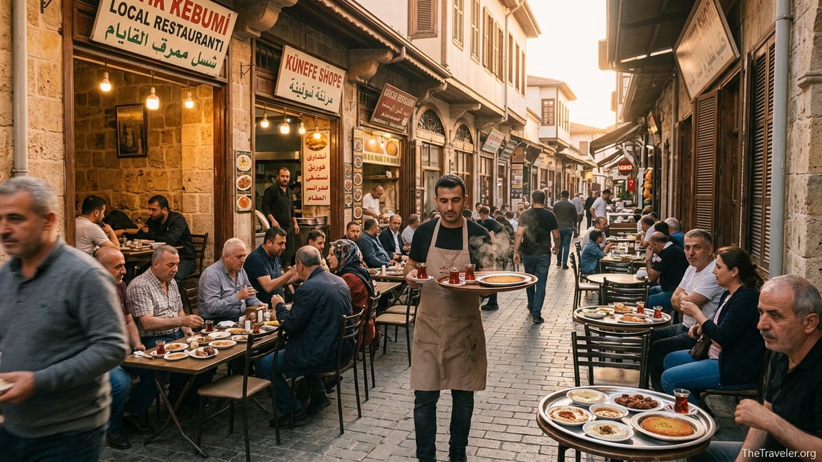 Evening diners sharing mezze and künefe at a narrow stone street in Antakya’s old town.