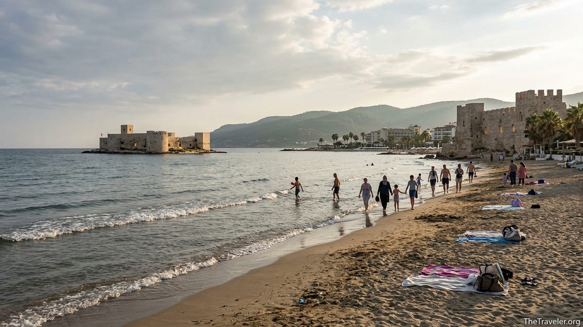 Golden hour view of Kızkalesi beach and offshore castle on Turkey’s Mediterranean coast.