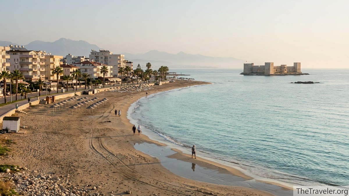Sunrise over Kızkalesi beach in Mersin with island castle and calm Mediterranean Sea.