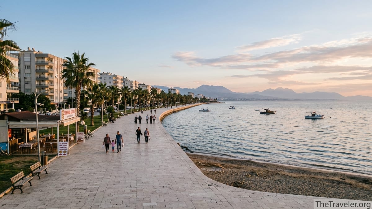 Sunset along the palm-lined seafront promenade and beach in Mersin on Turkey’s Mediterranean coast