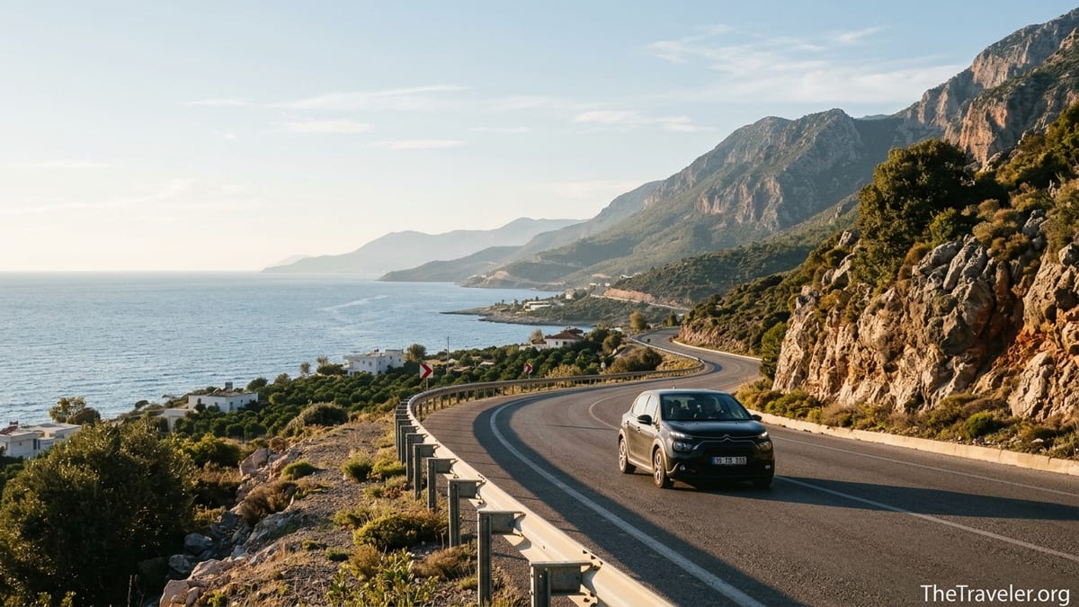 Car driving along Turkey’s Mediterranean D400 coastal road with sea and mountains.