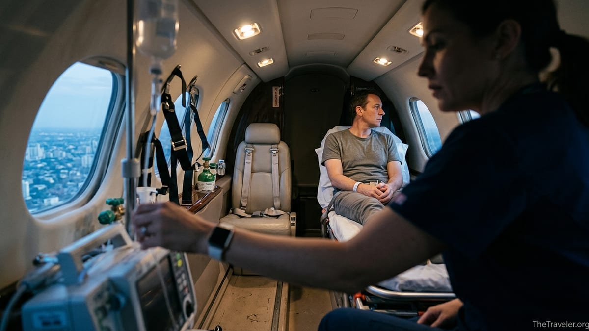 Traveler on stretcher inside small medical jet at dusk, looking out window with flight nurse nearby.