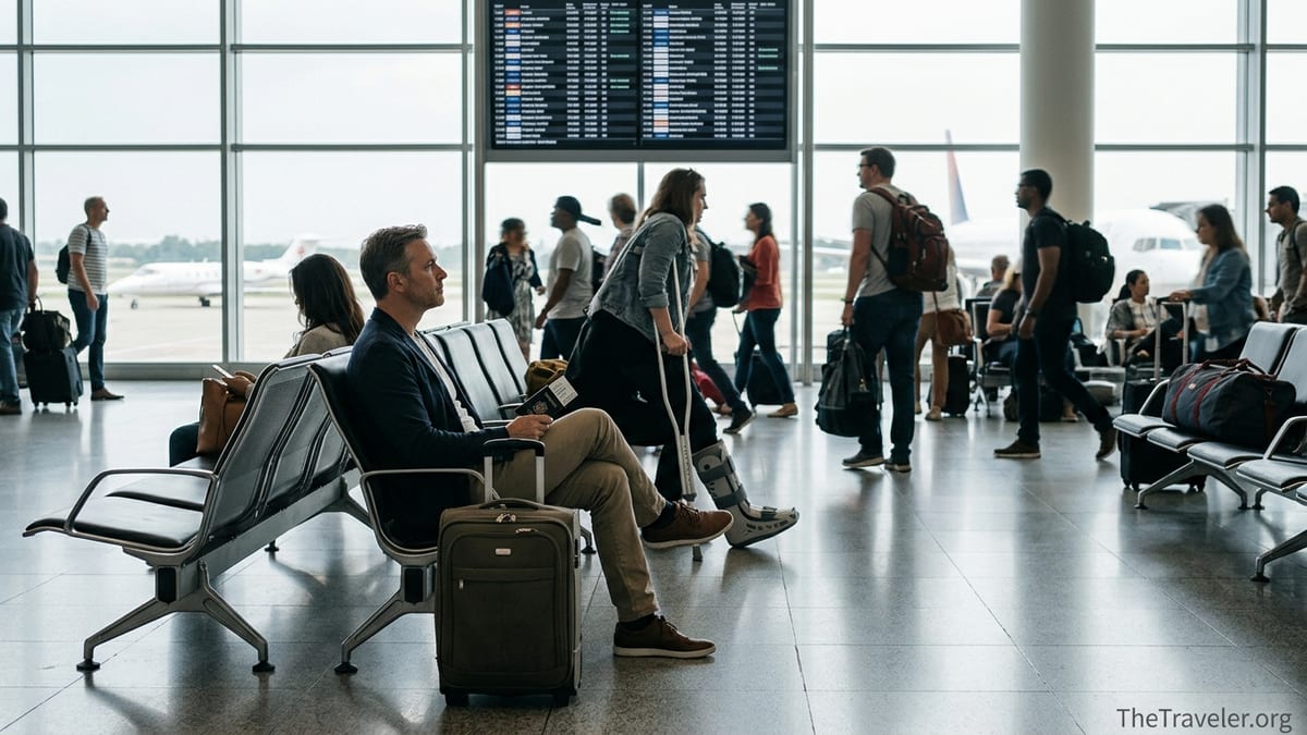 Traveler at an airport weighing medical evacuation membership as a jet waits outside.