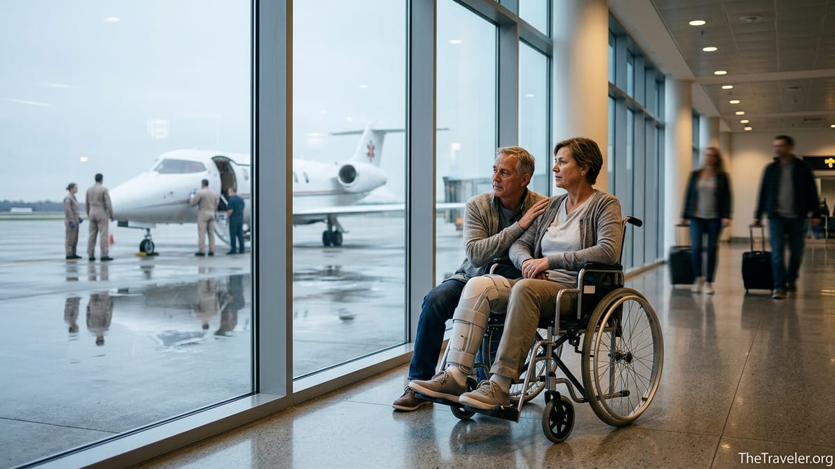 Travelers in an airport waiting near an air ambulance jet visible on the tarmac