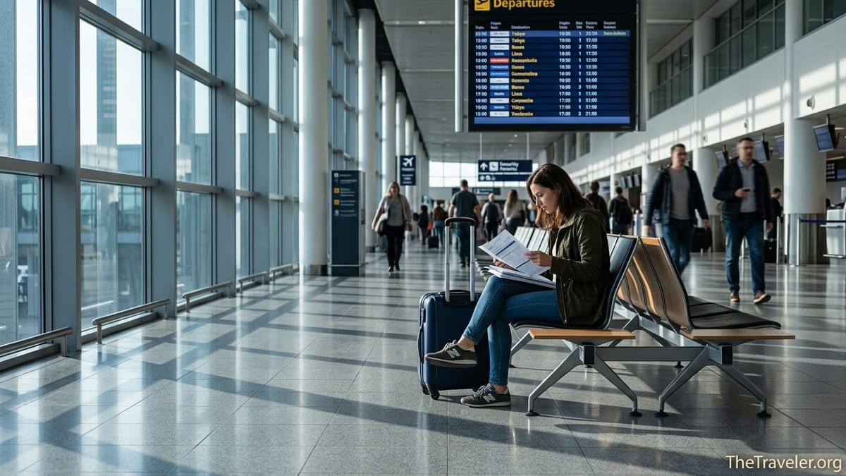 Traveler in an airport reviewing travel insurance documents near departure gates.