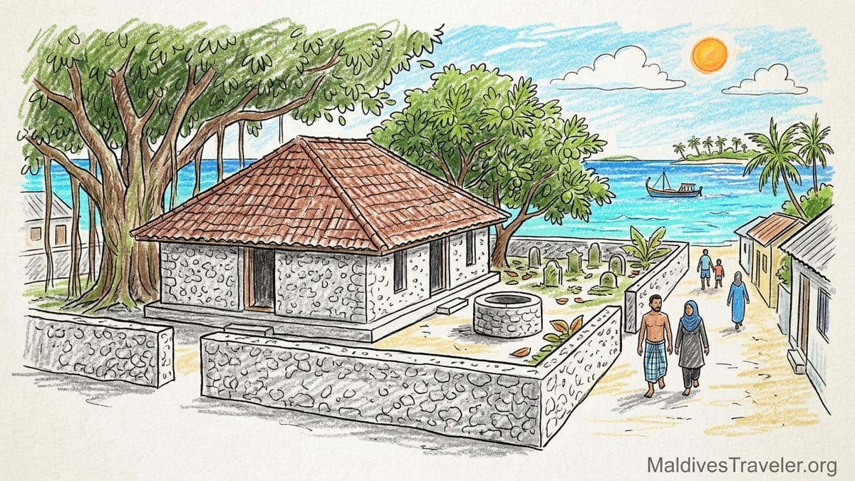 Coral-stone Meedhoo Old Friday Mosque with clay-tile roof and sandy courtyard on Raa Atoll, Maldives