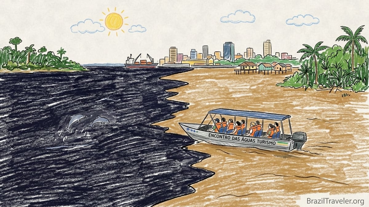 Boat at Manaus Meeting of the Waters where Rio Negro and Solimões rivers flow side by side