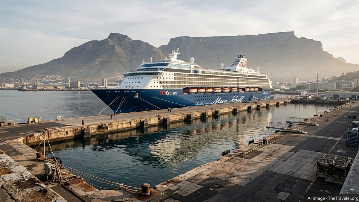 Mein Schiff cruise ship docked quietly in Cape Town harbor with Table Mountain behind.