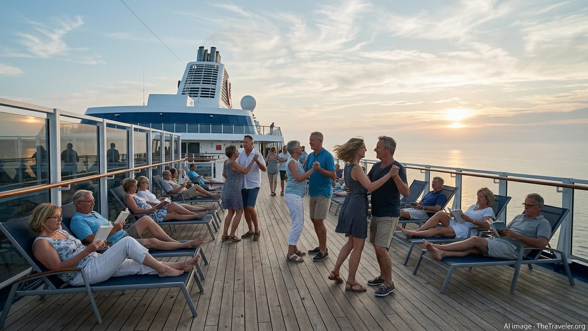 Guests dance and read on the open deck of a Mein Schiff cruise ship at sunset.