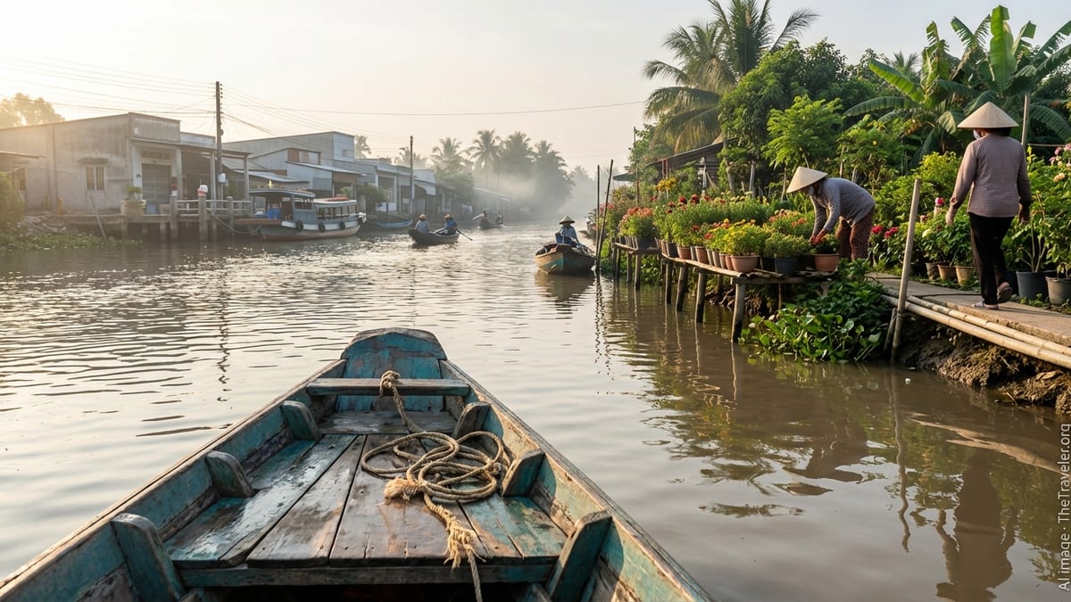 Early morning boat ride in Mekong Delta, viewing Sa Dec's flower village.