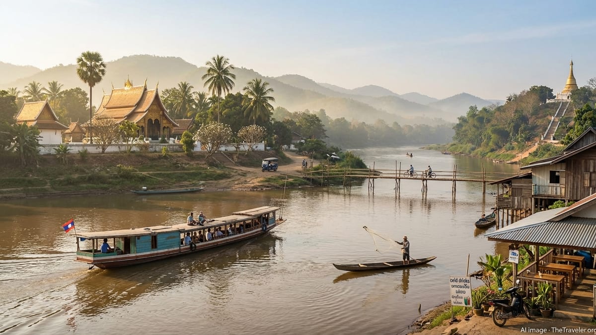 Early morning scene of Mekong River, slow boat, temples, and local life in Luang Prabang, Laos.