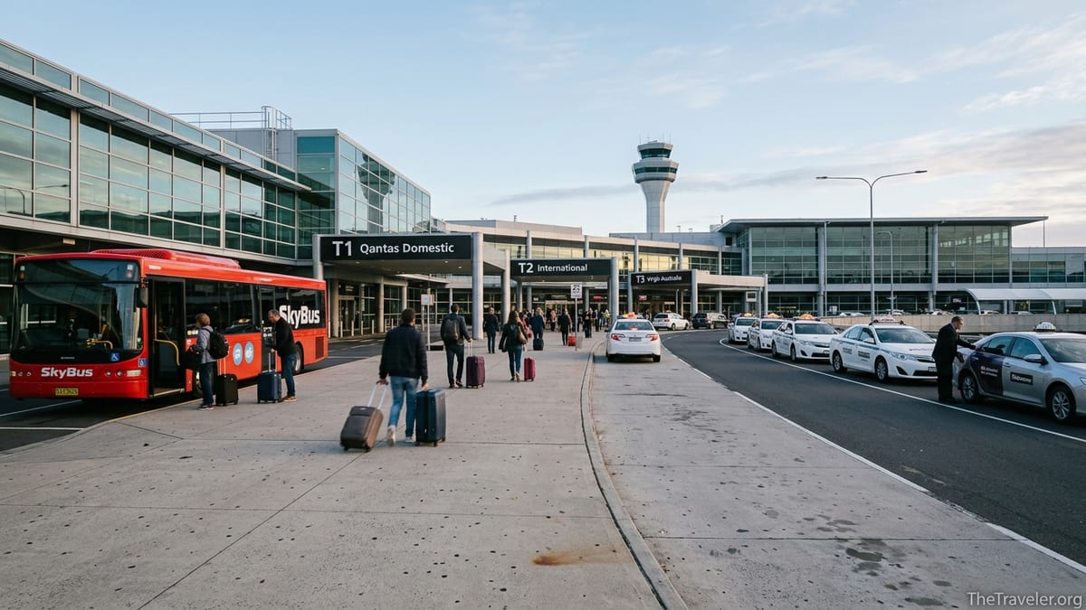 Morning scene outside Melbourne Airport with SkyBus, taxis and travelers at the terminal forecourt.