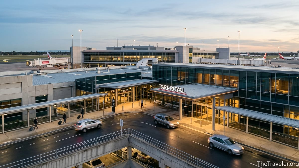 Evening view of Melbourne Airport terminals with PARKROYAL hotel above the car park and travellers walking with luggage.