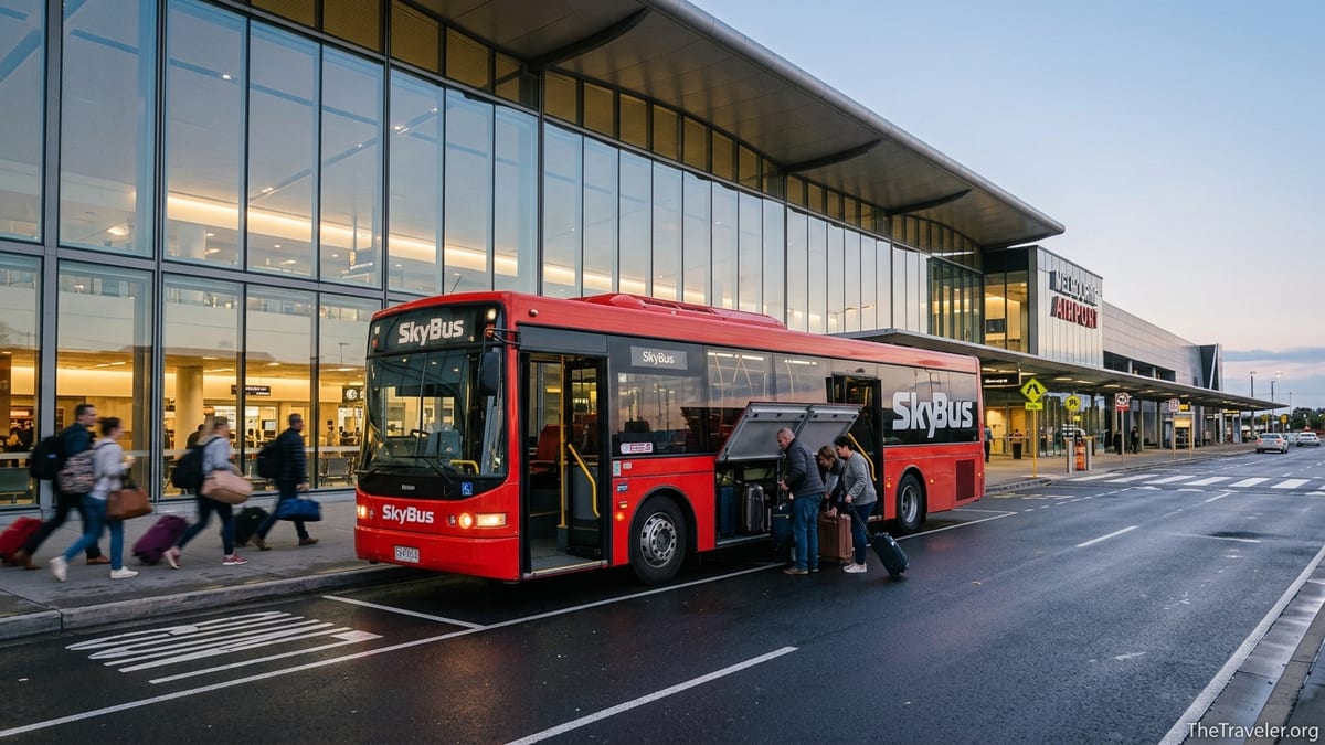 Travellers boarding a red SkyBus outside Melbourne Airport terminal at dusk.