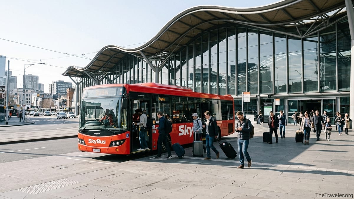 SkyBus at Southern Cross Station with passengers and Melbourne CBD in the background.