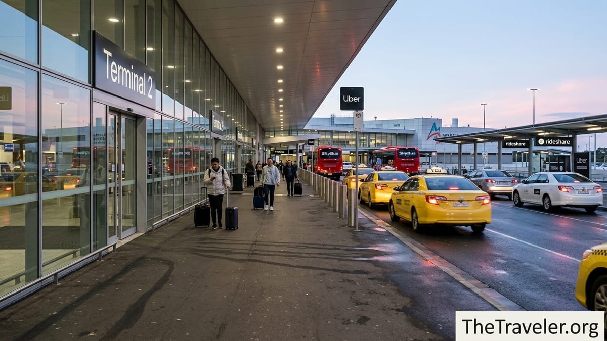 Taxi rank, Uber pickup lane and SkyBus outside Melbourne Airport at dusk.