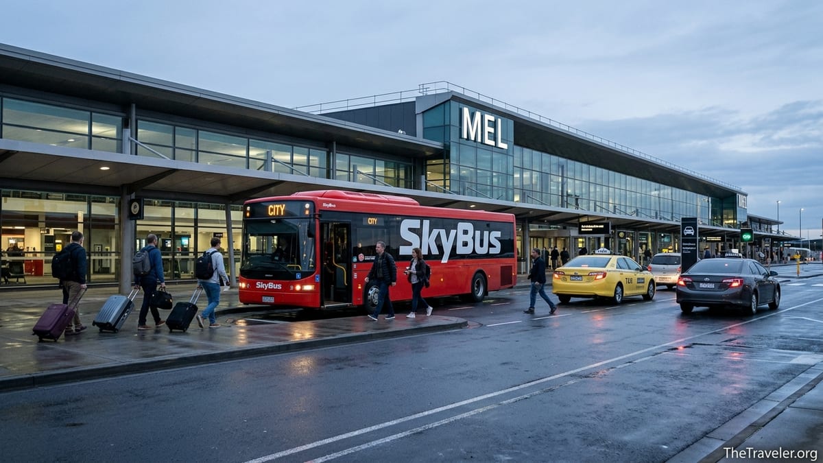 Travelers choosing between SkyBus, taxi and rideshare outside Melbourne Airport terminal.