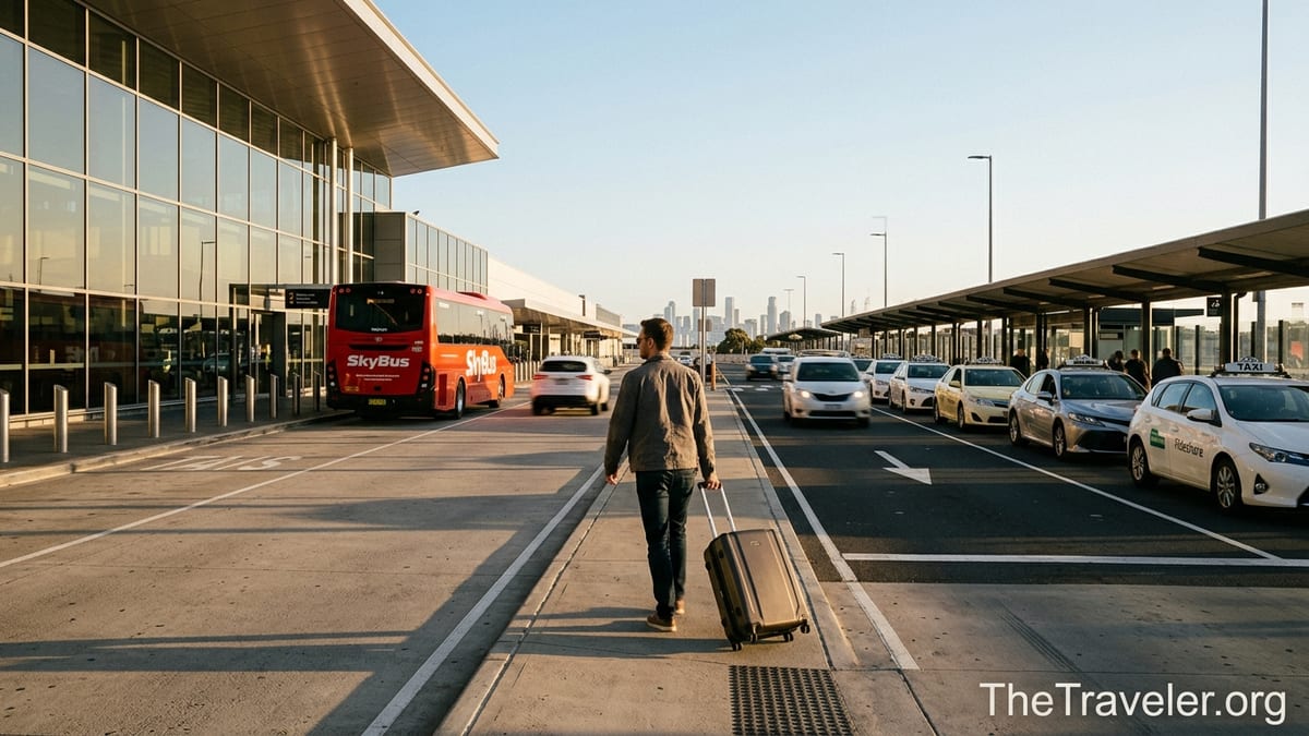 Travellers outside Melbourne Airport choosing between SkyBus and taxis at sunset.