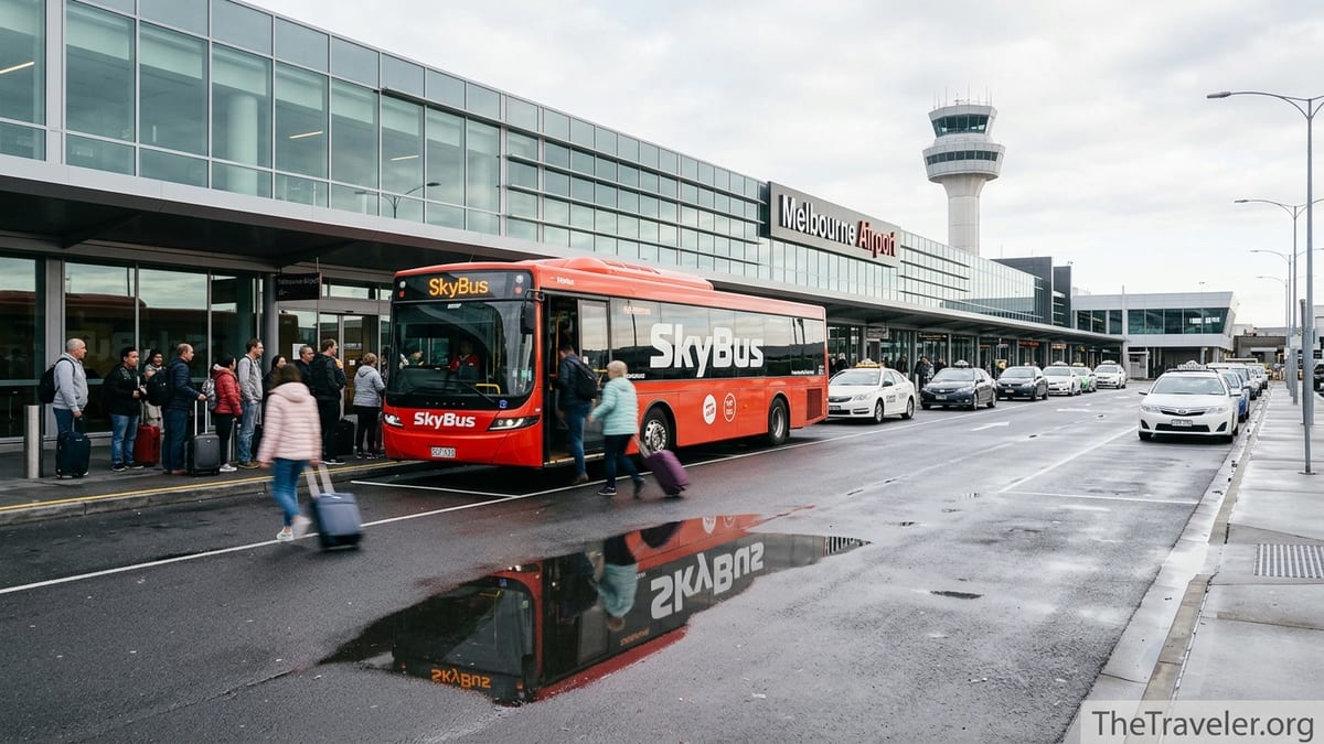 SkyBus and taxis outside Melbourne Airport terminal with passengers boarding on a cloudy day.