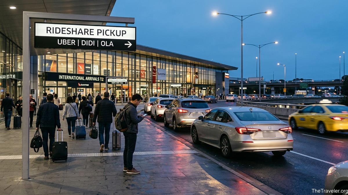 Travelers heading to the Uber pickup lane outside Melbourne Airport’s international terminal at dusk.