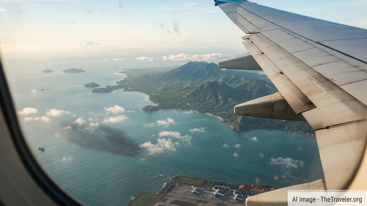 View from an airplane window approaching Bali’s coast at sunrise with wing and islands visible.