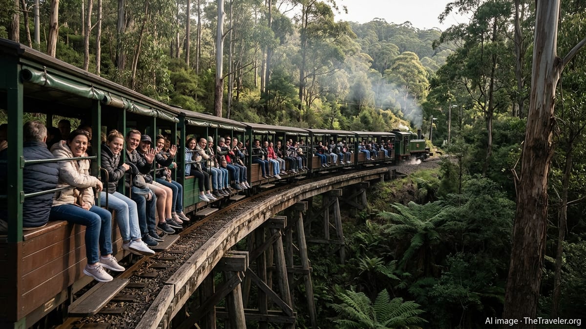Puffing Billy steam train crossing a forest trestle bridge near Melbourne with passengers dangling their legs from open carra