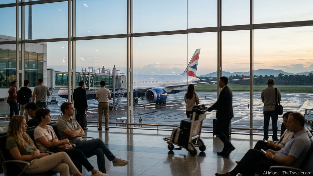 British Airways Boeing 787 at a Kuala Lumpur airport gate during evening light.