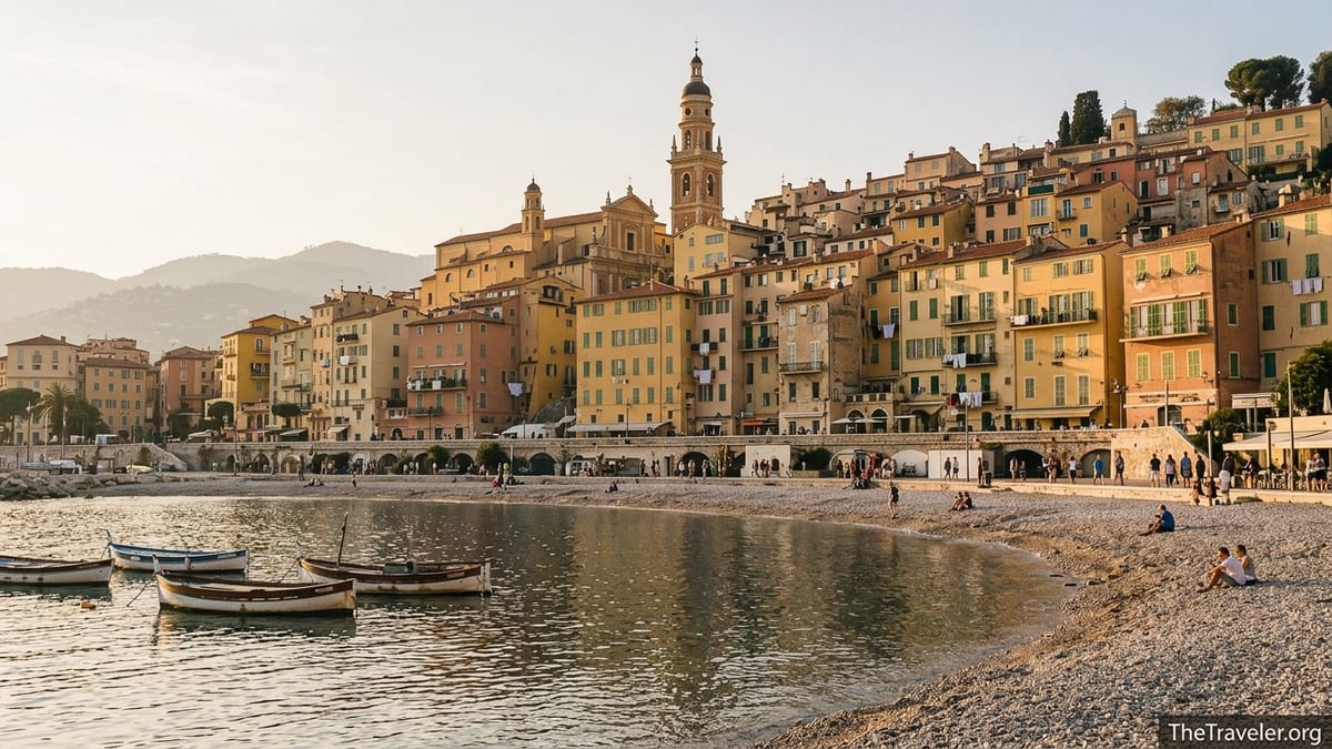 Golden hour view of Menton’s pastel old town and basilica rising above the Mediterranean Sea.