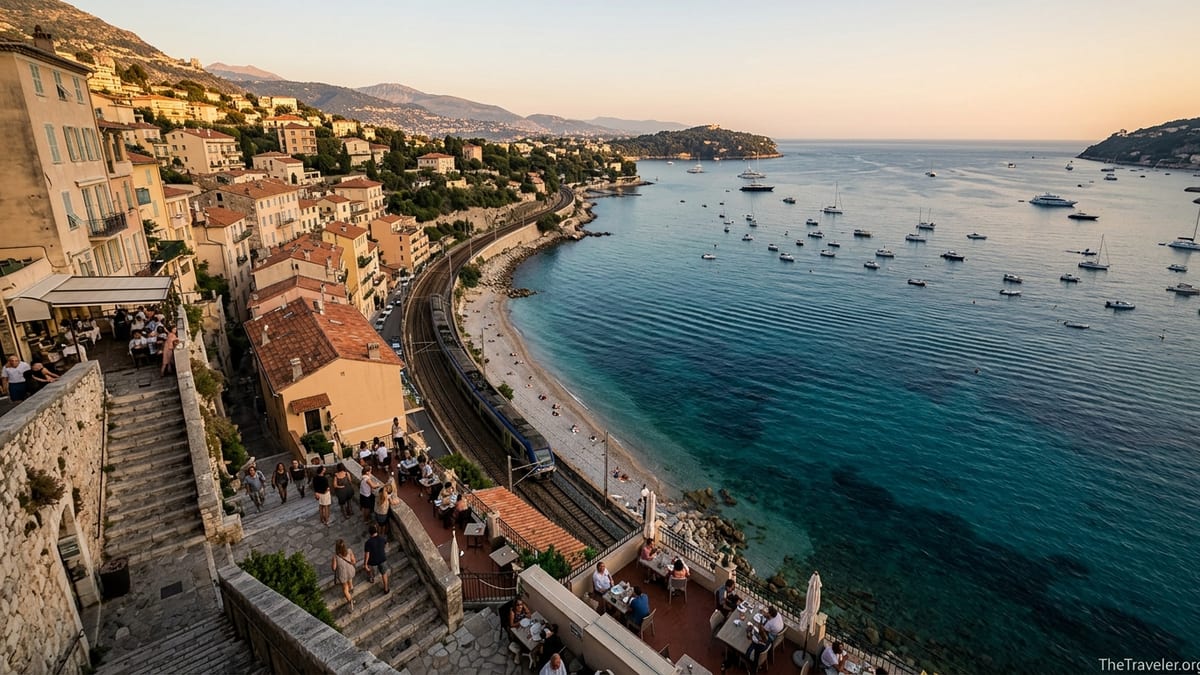 View over Villefranche sur Mer bay with village rooftops and beach on the French Riviera.