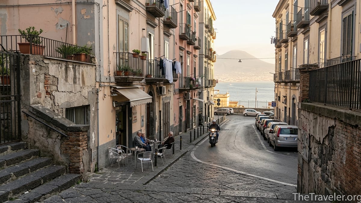 Inland street in Mergellina, Naples, descending toward the bay with locals, scooters, and hillside buildings.