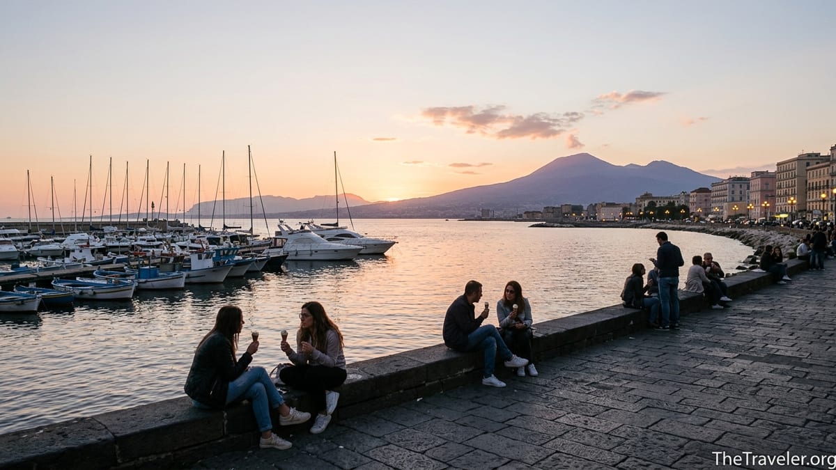 Locals sitting along the Mergellina seafront at sunset with Vesuvius in the background.