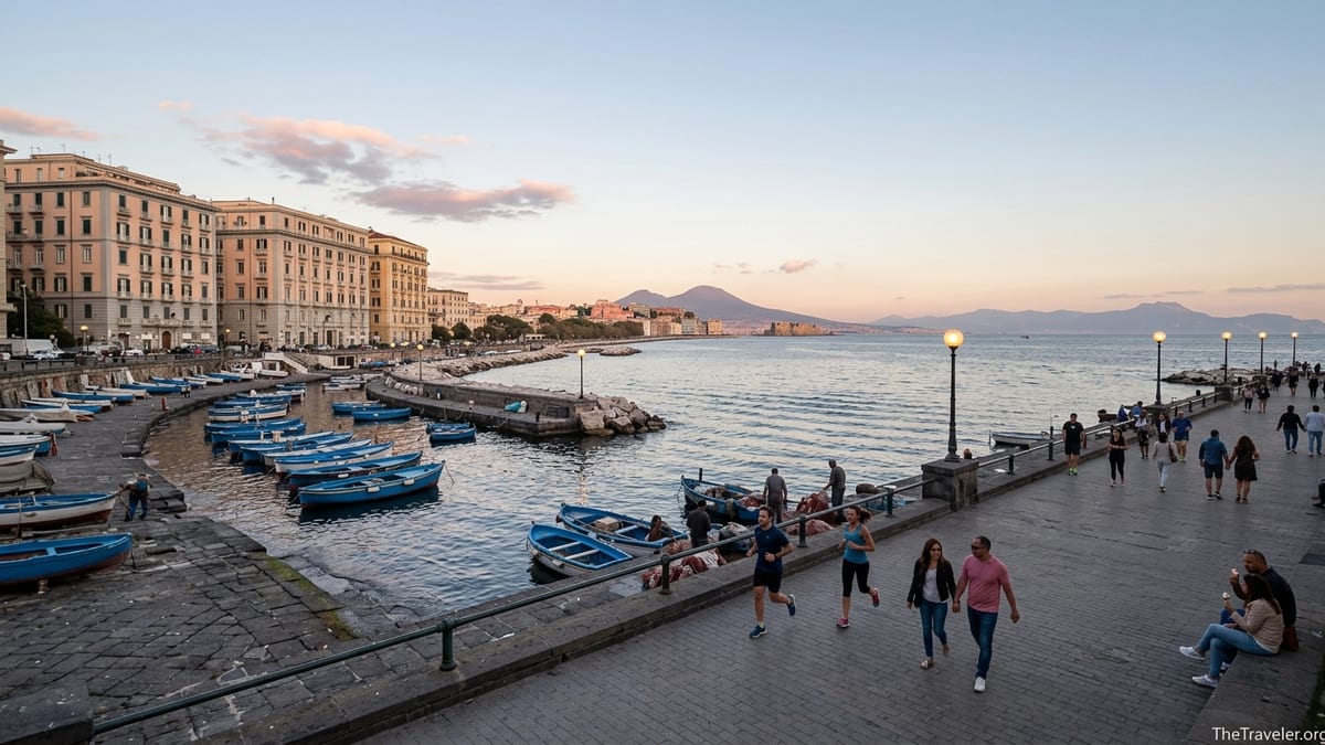 Evening view of Mergellina’s waterfront promenade in Naples with locals walking beside the bay and Vesuvius in the distance.
